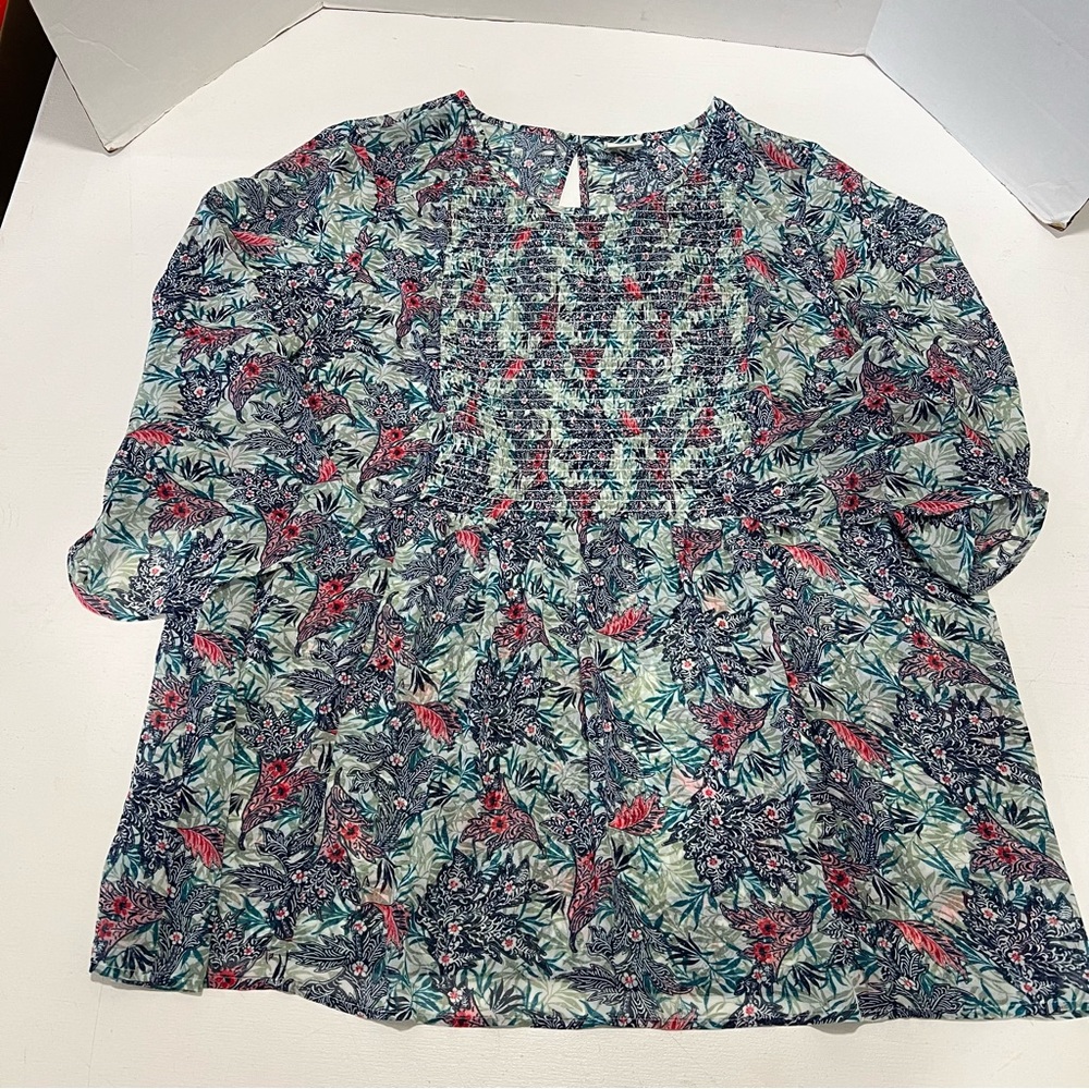 Dc Jeans Blouse Shirt Womens  Xl Floral Blue Ruffles Long Bell Sleeve